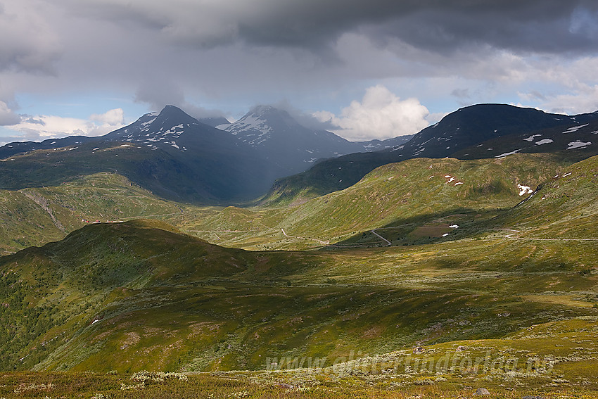 Fra Berdalsfjellet ned mot Helgedalen og Turtagrø. Steindalsnosi og Fannaråken i bakgrunnen.