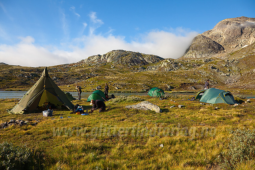 Teltleir i Koldedalen under brekurs i regi av Valdres Tur- og Fjellsportlag med litt av Breikvamsnosi (1712 moh) i bakgrunnen.