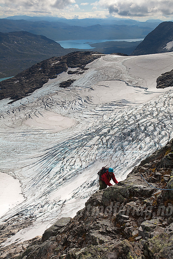 På vei opp pionérruta mot Falketind. Falkbreen i bakgrunnen.