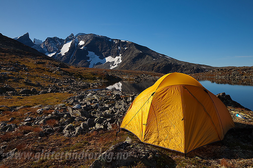 Telt på Øvre Dyrhaug med bl.a. Ringstinden og Soleibotntinder i bakgrunnen.