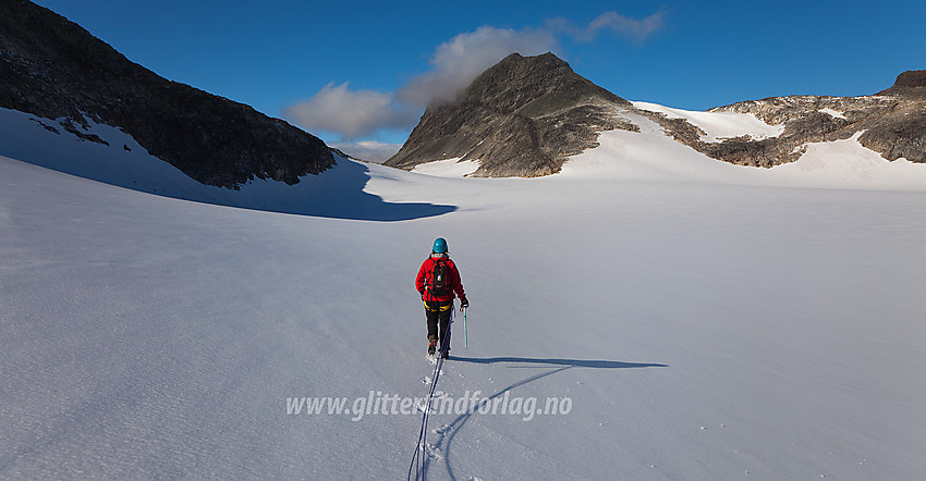 På vei ned på Mjølkedalsbreen (vi kommer fra Uranosbreen) med Søre Sagi (ca. 2040 moh) midt i mot.