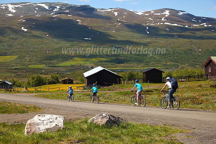 Syklister passerer forbi Syndinstøgo med Gilafjellet i bakgrunnen.