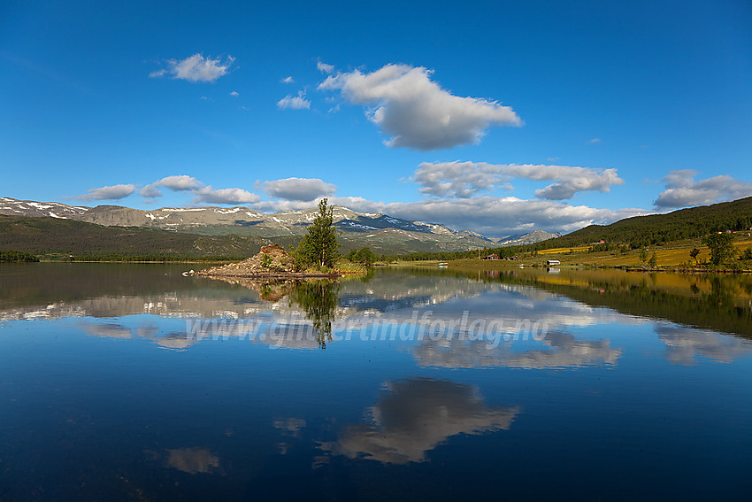 Flott morgenstemning på Bukonefjorden i Vestre Slidre med Veslebottenskarvet (Trømysfjellet) i bakgrunnen.