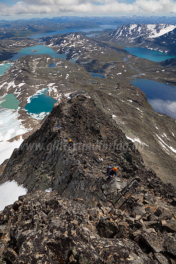 Fjellvandrer på vei opp mot Uranostinden S2 (2048 moh). Uranosbreen nede til venstre og i bakgrunnen bl.a. Kvitevatnet og Tyin.