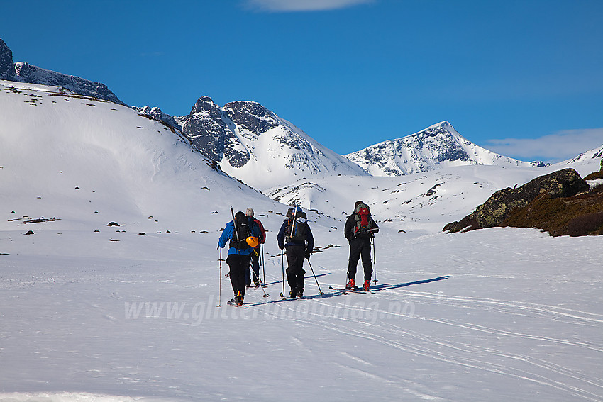 Skiløpere på vei inn Leirungsdalen med Leirungskampen og Kvitskardtinden i bakgrunnen.