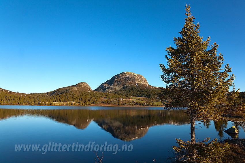 Kalvemellen og Rundemellen speiler seg i Turrsjøen en flott sommermorgen.