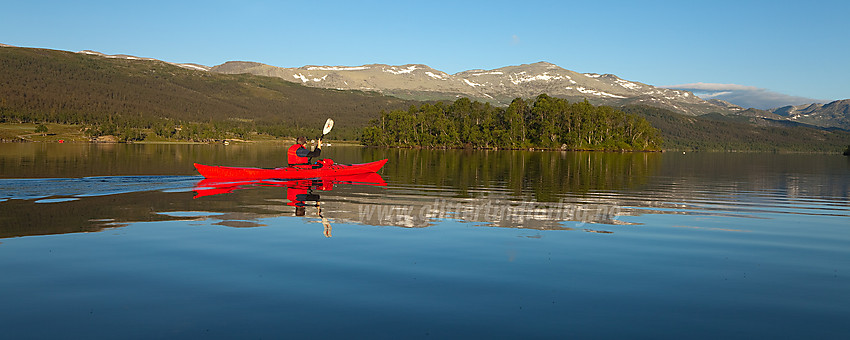 Padling på Bukonefjorden (Storfjorden) med Veslebotnskarvet (1778 moh) i bakgrunnen.