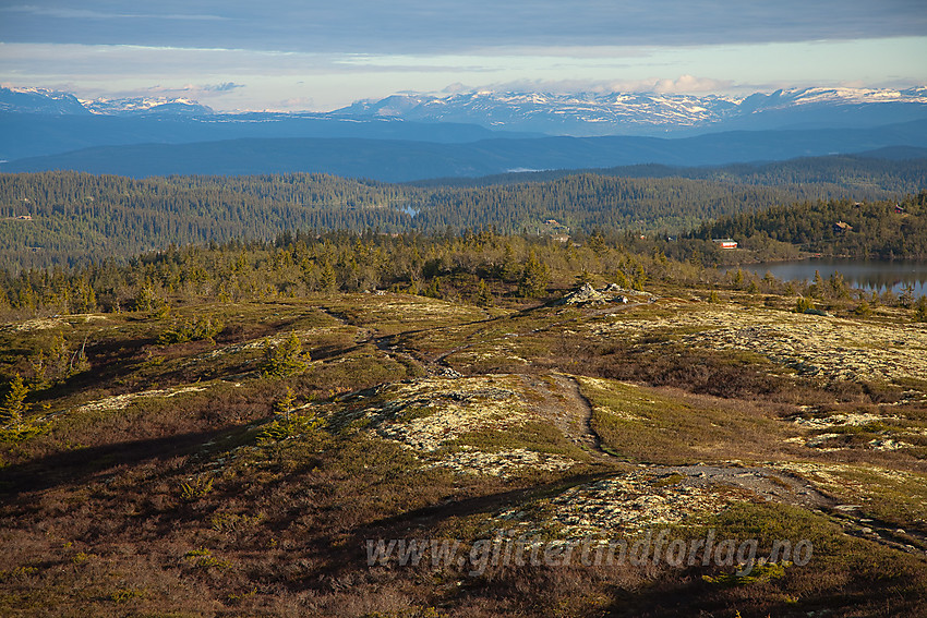 På Storstølknatten (1124 moh) på Aurdalsåsen med snødekte fjell i Vang i det fjerne.