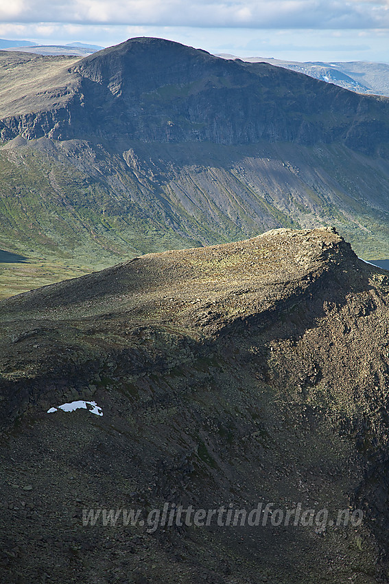 På vei ned fra Rankonøse mot Trongebytte med Kvannebakknøse (1535 moh) i forgrunnen og Grindane (1724 moh) i bakgrunnen.