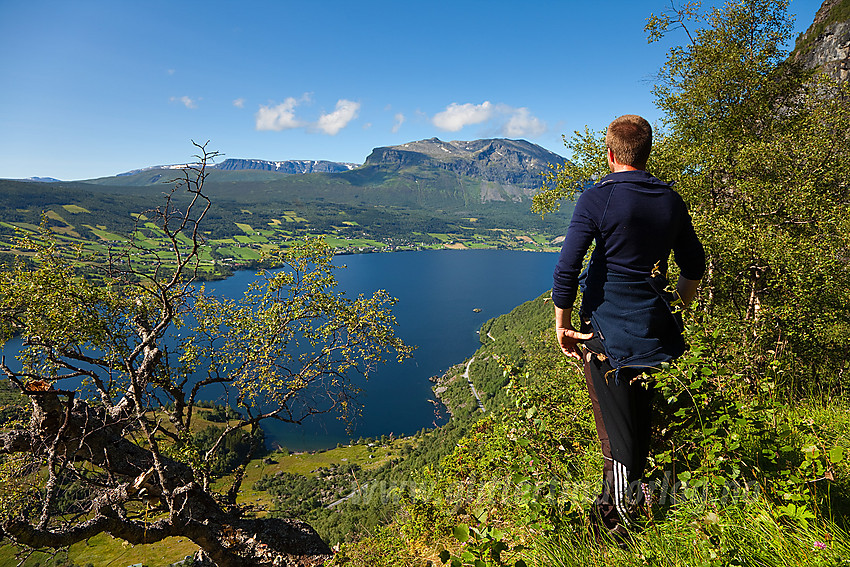 Omlag halvveis oppe i fjellsiden fra Leirhol til Leirholstølen med utsikt til Vangsmjøse og Grindane.