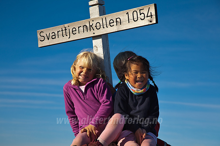 Fornøyde barn på toppen av Svarttjernkollen på Ringerike.