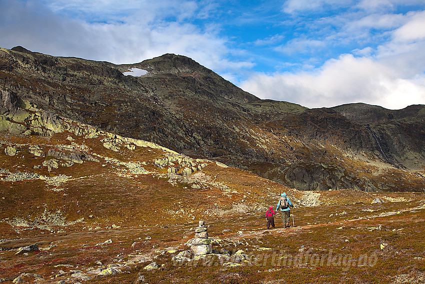 Fjellvandrere på vei innover Mugnebotten med Mugnetinden (1737 moh) i bakgrunnen.