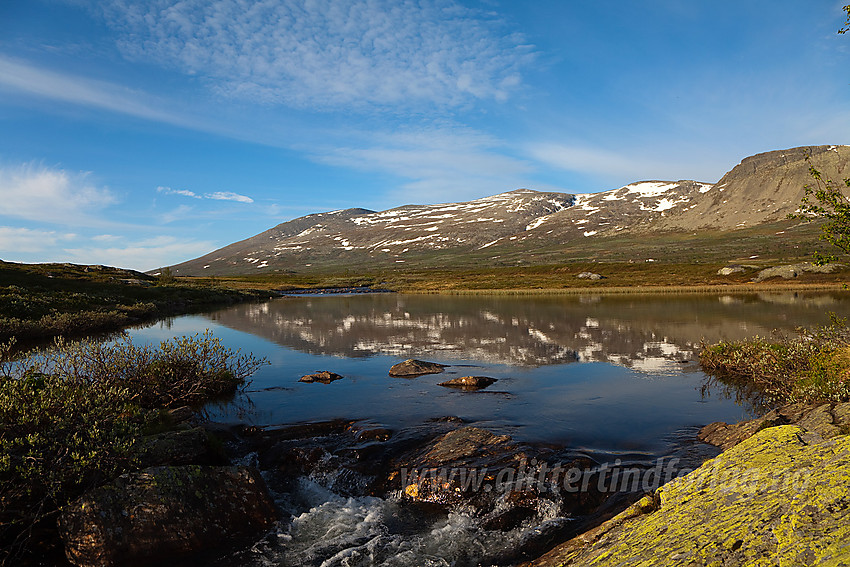 Ved Trolltjernet på tur fra Raudbekkstølen til Veslebotnskarvet. Her mot Skogshorn, Skarvanfjellet og Kvannegrønøse.