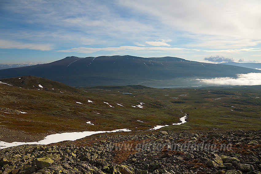 I lia opp mot Veslebottenskarvet fra Lægeret med Storlifjellet i bakgrunnen.