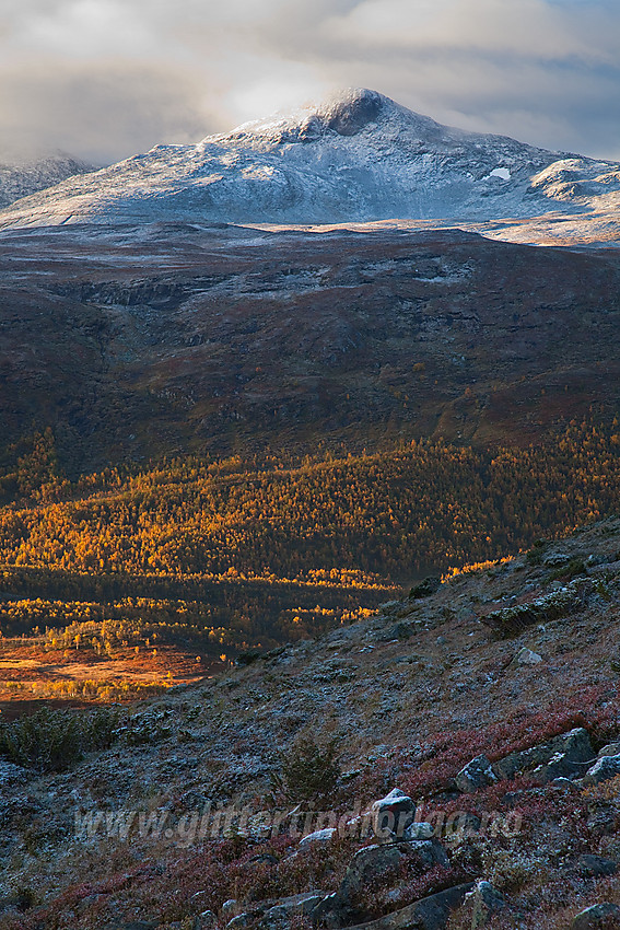 På vei opp fra Kyrkjestølen med kurs mot Slettningen og Sletningsbu med tilbakeblikk mot Suletinden (1780 moh).