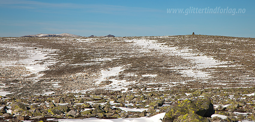 Storebottegge (1829 moh) sett fra øst. Ganske flatt(!) på toppen her. Høgeloft kan skimtes i bakgrunnen.