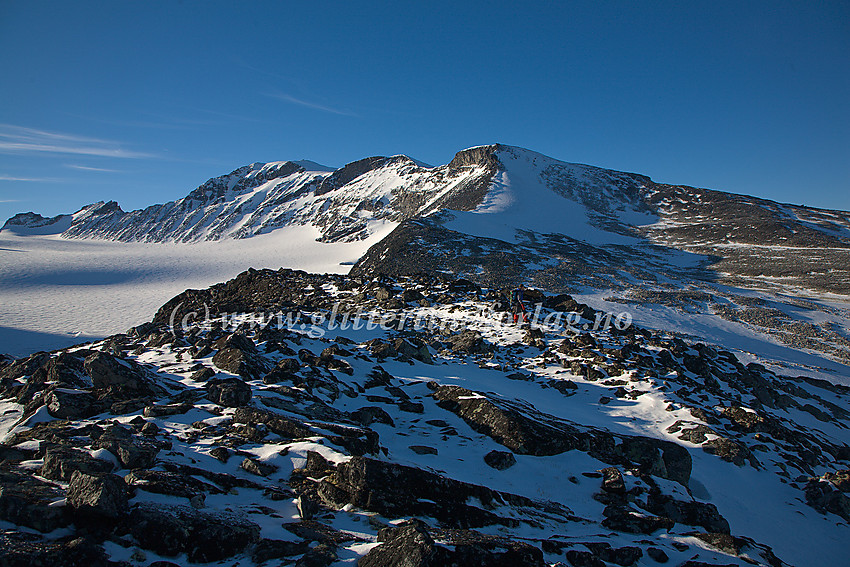 Kveldsstemning på ryggen sør for Svellnose mot Galdhøpiggen, Keilhaus Topp, Svellnose og Svellnosbrean.