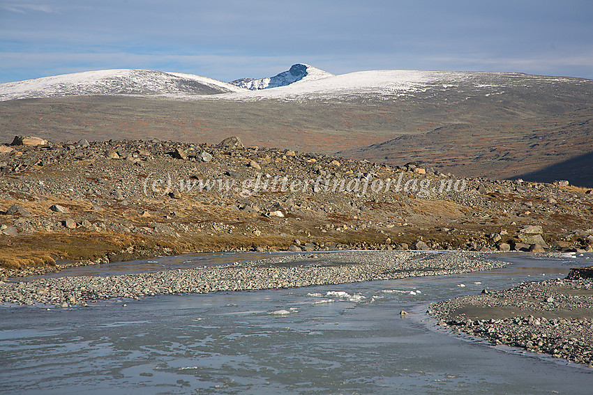 I Veodalen ved Veo, like nedenfor Veobrean. I bakgrunnen Nautgardstinden (2258 moh.) som høyeste topp.