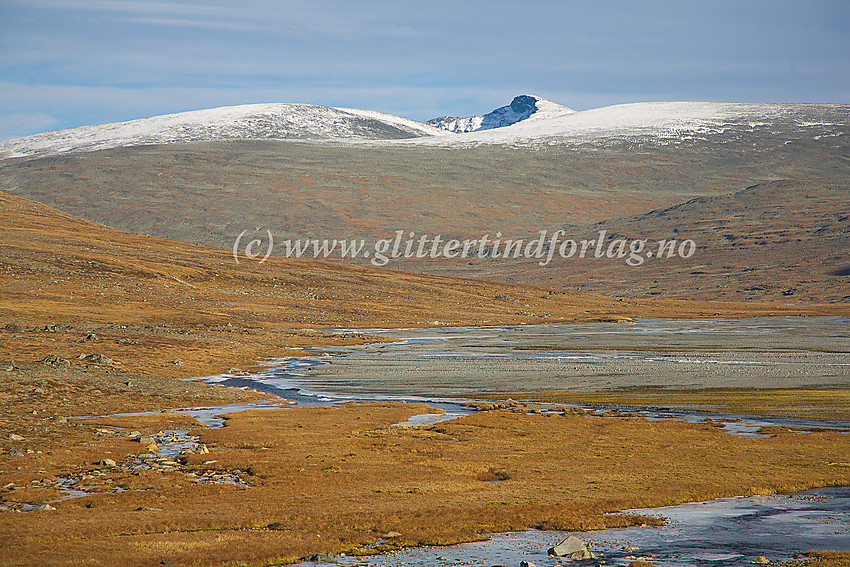 I Veodalen med Veo som her flyter over ei relativt stor breelvslette. I bakgrunnen Nautgardstinden (2258 moh.)