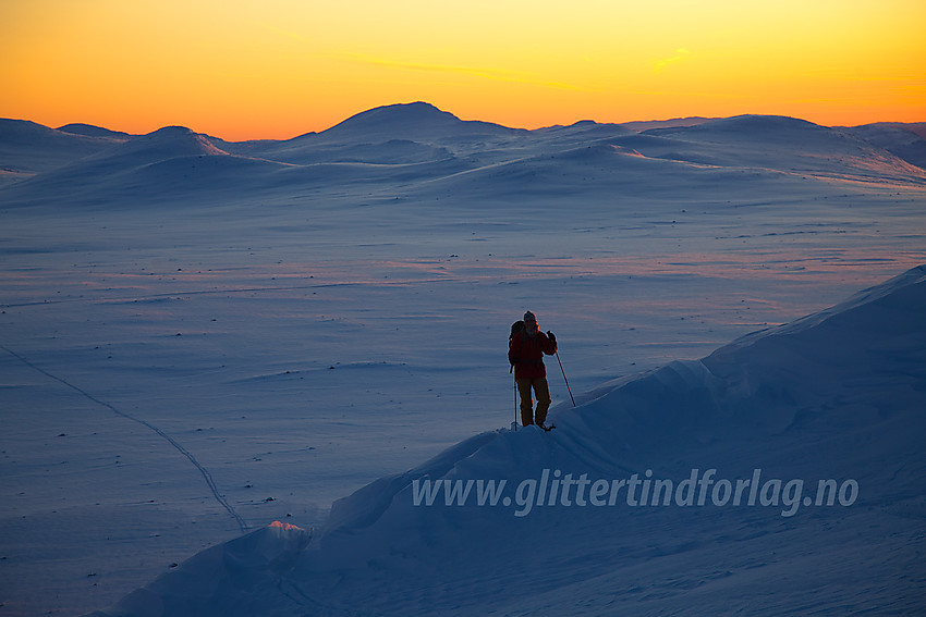 Skiløpere i fjellsiden over Valdresflye. Skaget sentralt i bakgrunnen.