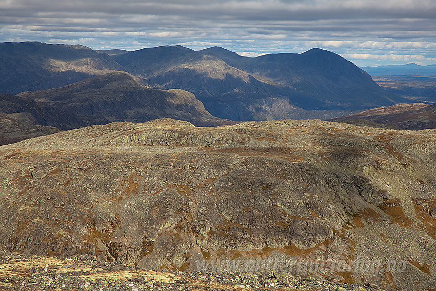 Utsikt fra Fossebrea i Ål mot Hemsedalsfjell med bl.a. (fra høyre) Skogshorn, Nibbi og Skurvefjellet.