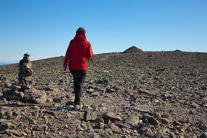 På Veslfjellplatået med steinpyramiden på toppen i bakgrunnen.