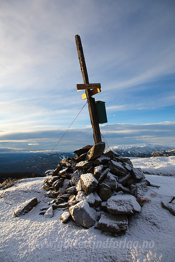 Varde med postkasse på toppen av Tåråfjellet. I bakgrunnen ses Lifjell.