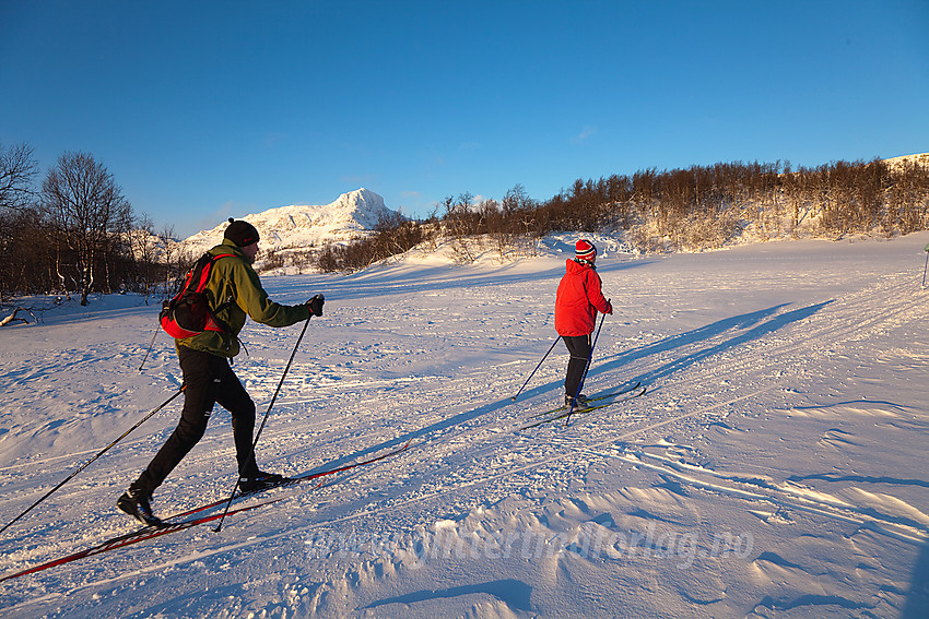 Skiløpere i grønn løype nedenfor Garli med Bitihorn i bakgrunnen.