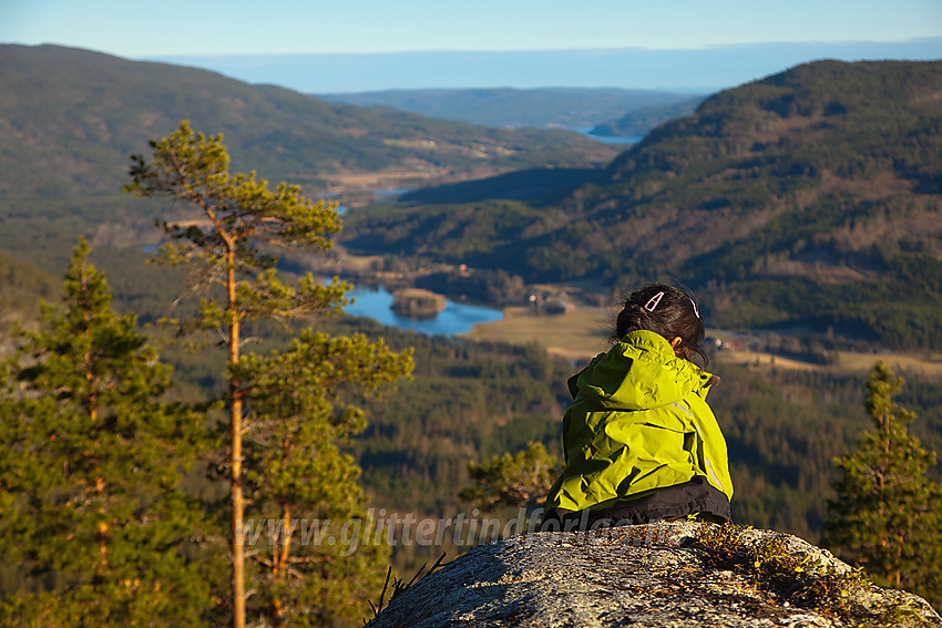 På den sørlige utsikten på Puttekollen. I bakgrunnen Begnadalen og langt i det fjerne skimtes en flik av Sperillen.