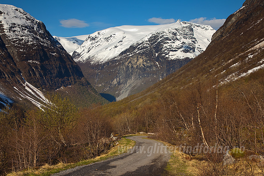 Fra veien oppover Bødalen med Ramnefjell og Ramnefjellbreen på andre siden av dalen.