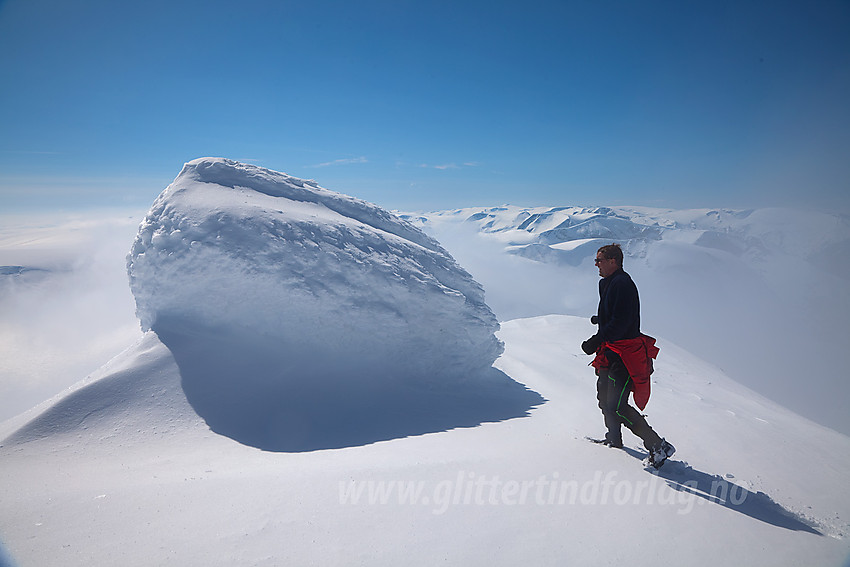 Vel oppe ved "lurevarden" på Lodalskåpa, ca. 100 meter før den egentlige toppen. I bakgrunnen bredekte fjell så langt øye kan se, med bl.a. Snønipa i det fjerne.