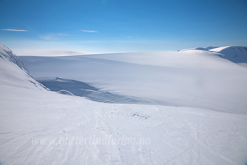 På vei ned mot Ståleskardet. I bakgrunnen den 1910 meter høye brekulen på Jostedalsbreen like ved Brenibba.