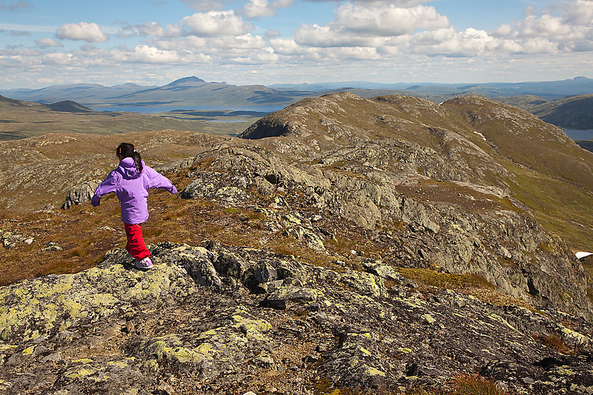 På retur fra Heimre Fagerdalshøe med ryggen mot Synshorn i bakgrunnen. I det fjerne skimtes Vinstervatn og Skaget.