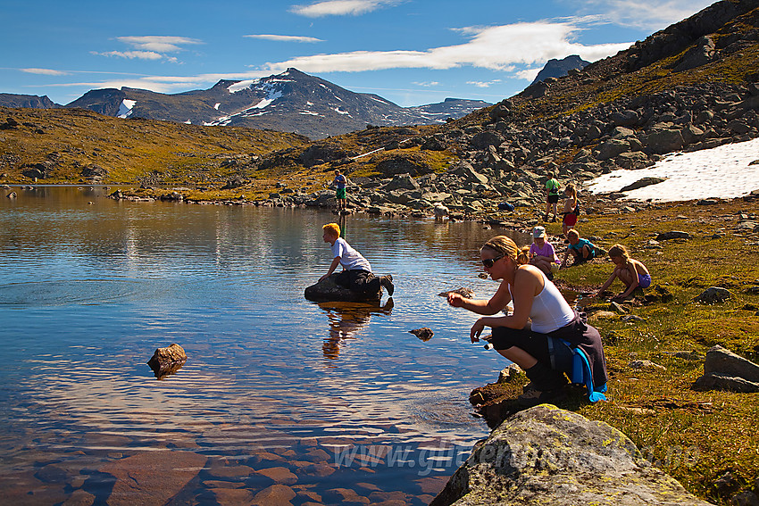 Ved lite tjern på Memurutunga like ved stien mellom Gjendebu og Memurubu. Tjønnholstinden (2330 moh) sentralt i bakgrunnen.