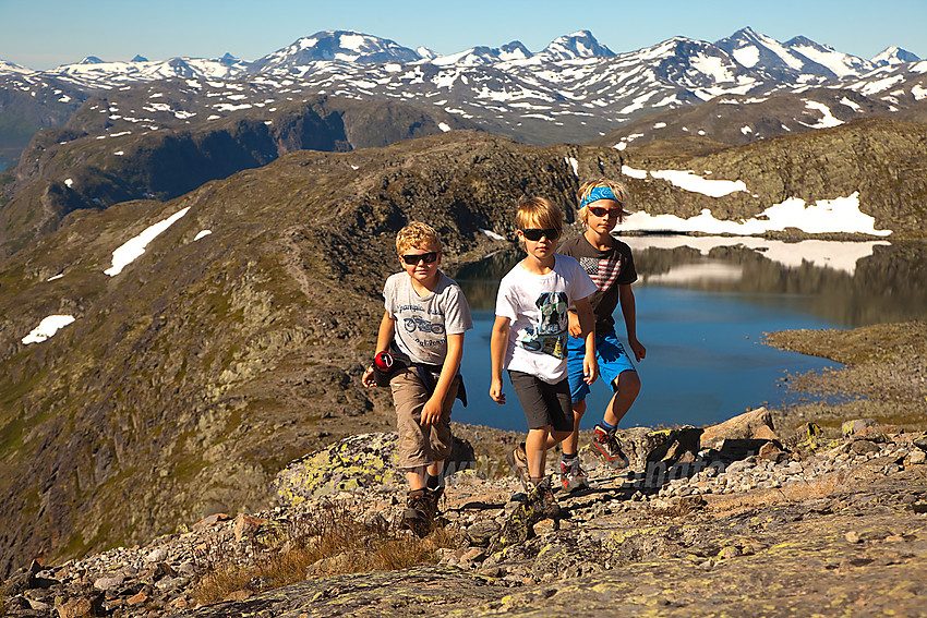 Spreke barn på fellestur med Barnas Turlag Valdres over Besseggen i fint driv på vei opp fra Bjørnbøltjønne. Sentraljotunheimens tinder i bakgrunnen.