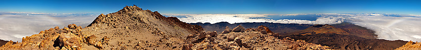 Panorama på toppen av Teide med folk på høyeste punkt.