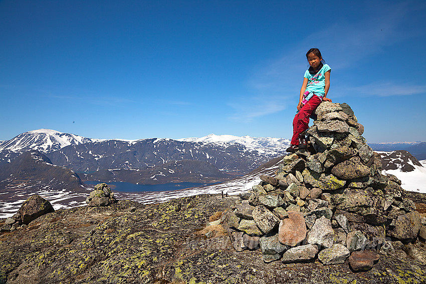 På toppen av Søre Brurskardknappen. I bakgrunnen bl.a. Knutshøe, Besshøe og Veslfjellet.