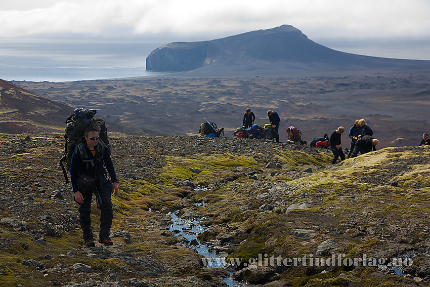 På vei opp Ekerolddalen mot breen på Beerenberg. Det er ikke mye rennende vann på Jan Mayen, men denne bekken var et unntak. Vannet smakte atpåtil ikke så verst. I bakgrunnen Jamesonbukta og Eggøya. 