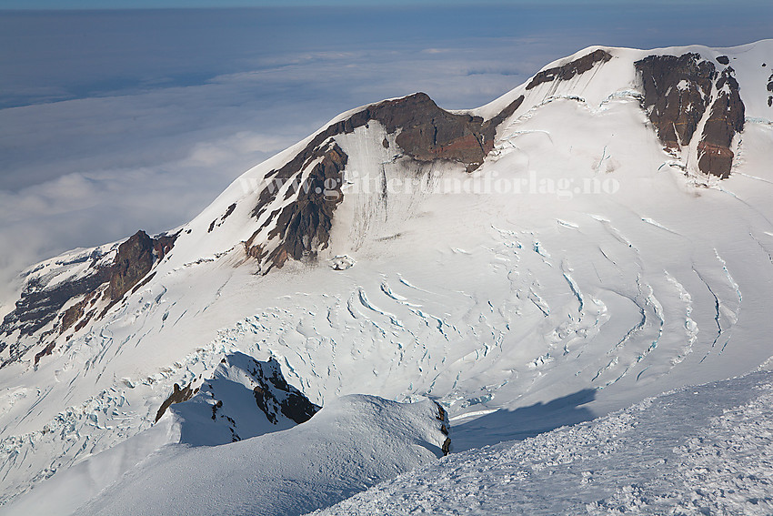 Utsikt utover ganske vill og utemmet natur. Fra Haakon VII Topp (2277 moh) mot Weyprechtbreen som sprenger seg ut av Sentralkrateret på Beerenberg og stopper ikke før den flyter ut i havet mer enn 2000 høydemeter lenger nede. I bakgrunnen ses Isbrodden, en artig formasjon, nede til venstre, Juvtinden i midten og deler av Hakluyttoppen til høyre. Legg merke til hullet i breen under Juvtinden. Derfra strømmet det stadig ut damp med en umiskjennelig svoveleim.