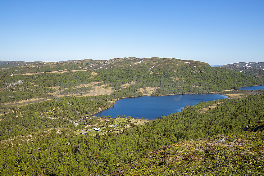 Lengst øst på Falken mot Naustvolltjernet, Langehallfjellet og Hollastølsfjellet.