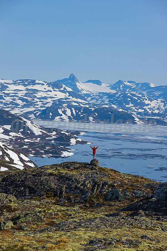 På toppen av Stølsnøse med utsikt mot Tyin og Jotunheimen.