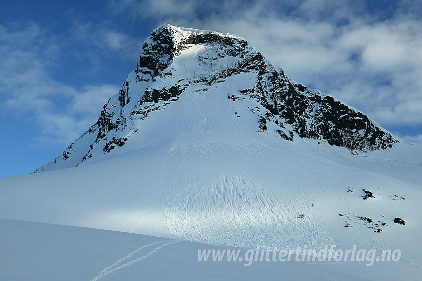 Midtre Ringstinden (2025 moh) med en del av Ringsbreen i forgrunnen. Legg merke til snøskredet som har gått og feid langt over skisporet. Raset har gått over begge de to vanligste skitraséene til Gravdalsskard.