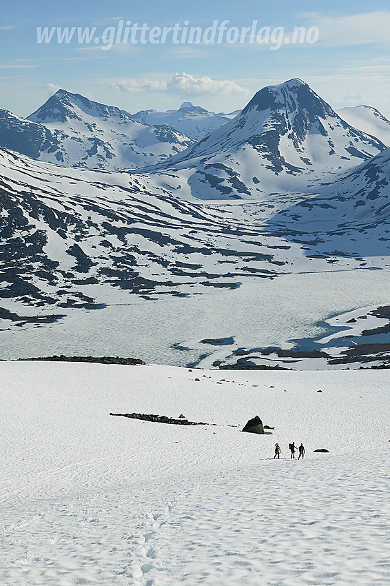 På vei ned fra Sørvestre Urdadalstinden mot Langvatnet. I bakgrunnen bl.a. Rauddalsbandet, Mjølkedalstinden (2138 moh) og Austre Rauddalstinden (2086 moh).