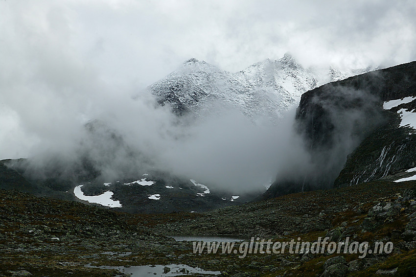 På Øvre Dyrhaug med nordre del av Skagastølsryggen (2167 moh) i bakgrunnen.