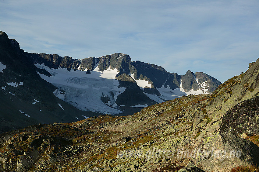 Oppe i lia på nordsiden av Leirungsdalen med Kalvehøgde, Leirungskampen og Leirungsbrean i bakgrunnen.