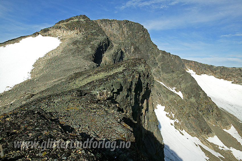 Tjønnholsoksle (2145 moh) sett fra øst. Søre Tjønnholet nede til høyre. Ryggen midt i mot byr på litt morsom, enkel klyving. En enklere vei til Tjønnholsoksle er ryggen fra venstre.