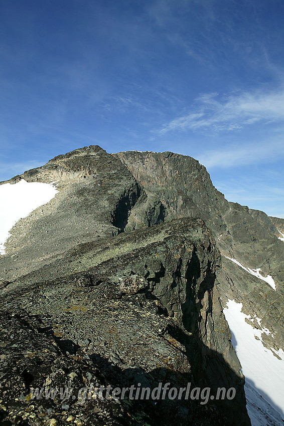 Tjønnholsoksle (2145 moh) sett fra øst. Søre Tjønnholet nede til høyre. Ryggen midt i mot byr på litt morsom, enkel klyving. En enklere vei til Tjønnholsoksle er ryggen fra venstre.