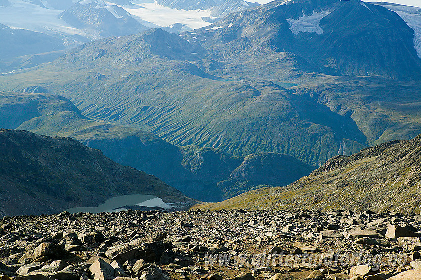 Utsikt fra Nordaustre Tjønnholstinden (ca. 2180 moh) nordover mot Memurudalen, Memurubreer og Raudhamran. 