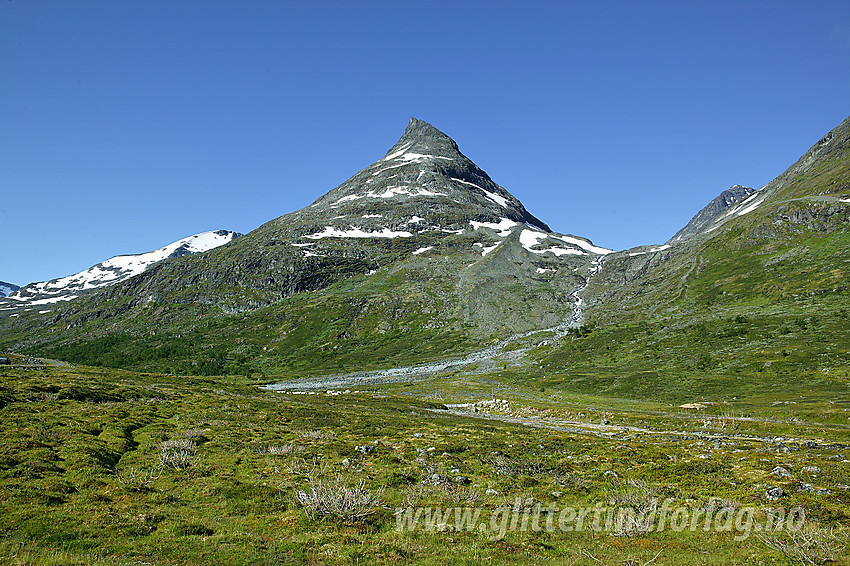 Skagsnebb sett fra Leirdalen. Elva som renner ned i dalen er Hurra. Storbreahøe ses i bakgrunnen til venstre.