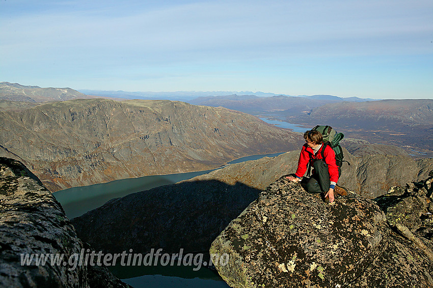 På en luftig stein like øst for Bukkehåmåren med utsikt nordover mot Knutshøe, Gjende og Veslfjellet.